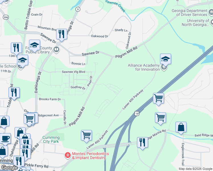 map of restaurants, bars, coffee shops, grocery stores, and more near 529 Pilgrim Mill Road in Cumming