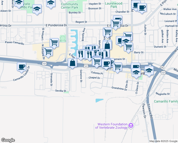 map of restaurants, bars, coffee shops, grocery stores, and more near 1840 Colonia Place in Camarillo