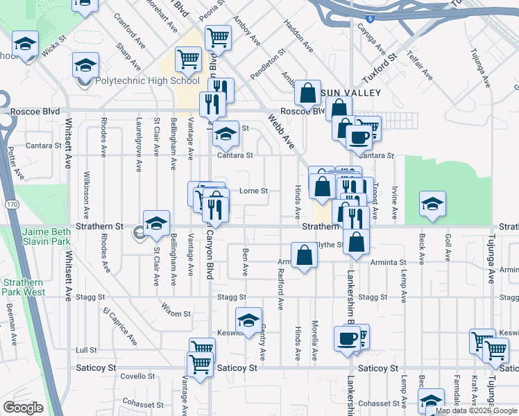 map of restaurants, bars, coffee shops, grocery stores, and more near 11936 Ratner Street in Los Angeles
