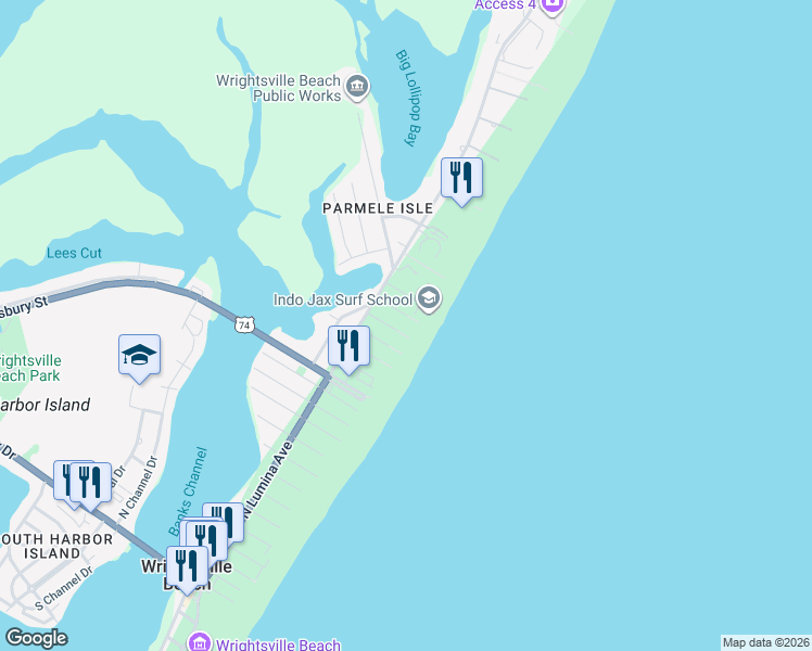 map of restaurants, bars, coffee shops, grocery stores, and more near 12 Crane Street in Wrightsville Beach