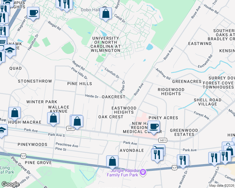 map of restaurants, bars, coffee shops, grocery stores, and more near 246 Oakcrest Drive in Wilmington