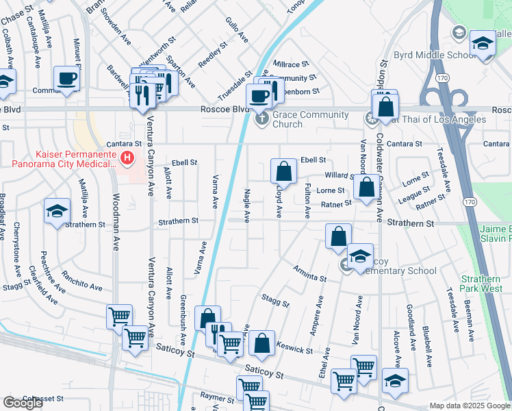 map of restaurants, bars, coffee shops, grocery stores, and more near 13240 Ratner Street in Los Angeles