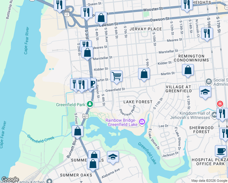 map of restaurants, bars, coffee shops, grocery stores, and more near 1501 East Lake Shore Drive in Wilmington