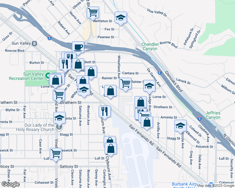 map of restaurants, bars, coffee shops, grocery stores, and more near 8001 Wheatland Avenue in Los Angeles
