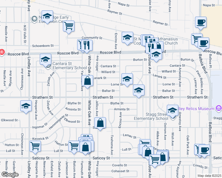 map of restaurants, bars, coffee shops, grocery stores, and more near 17519 Baltar Street in Los Angeles
