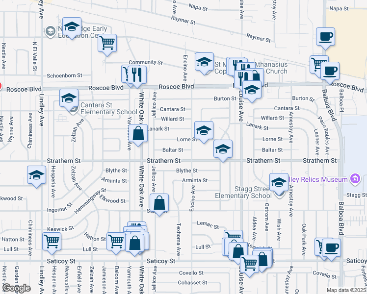map of restaurants, bars, coffee shops, grocery stores, and more near 17519 Baltar Street in Los Angeles