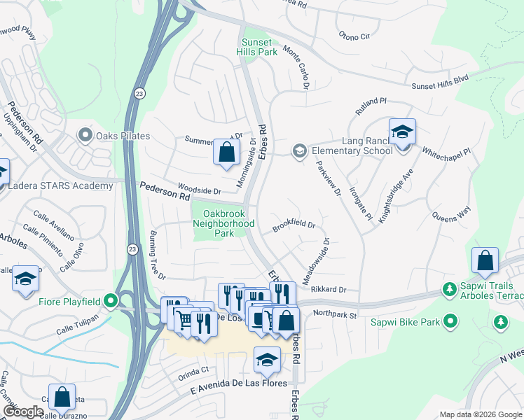 map of restaurants, bars, coffee shops, grocery stores, and more near 2810 Rikkard Drive in Thousand Oaks