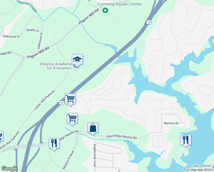 map of restaurants, bars, coffee shops, grocery stores, and more near 1338 Elderwood Way in Cumming