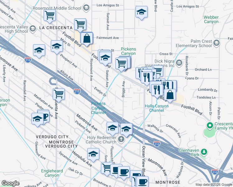 map of restaurants, bars, coffee shops, grocery stores, and more near 2429 Prospect Avenue in La Crescenta-Montrose