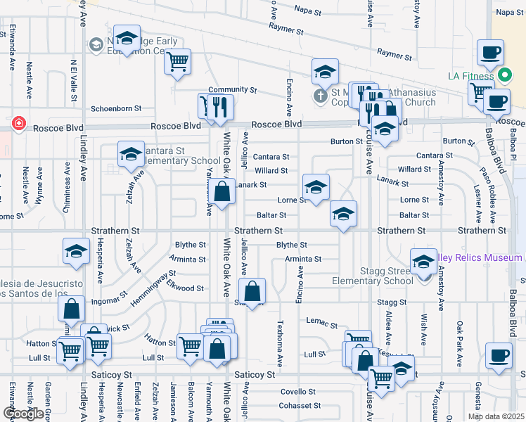 map of restaurants, bars, coffee shops, grocery stores, and more near 17601 Baltar Street in Los Angeles