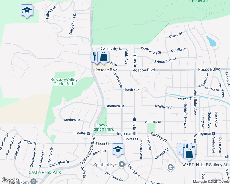 map of restaurants, bars, coffee shops, grocery stores, and more near 23676 Justice Street in Los Angeles