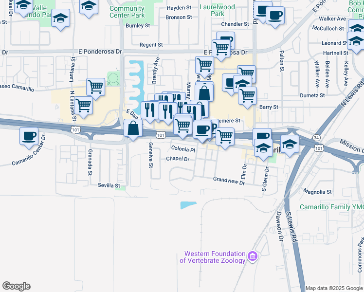 map of restaurants, bars, coffee shops, grocery stores, and more near 1901 Colonia Place in Camarillo