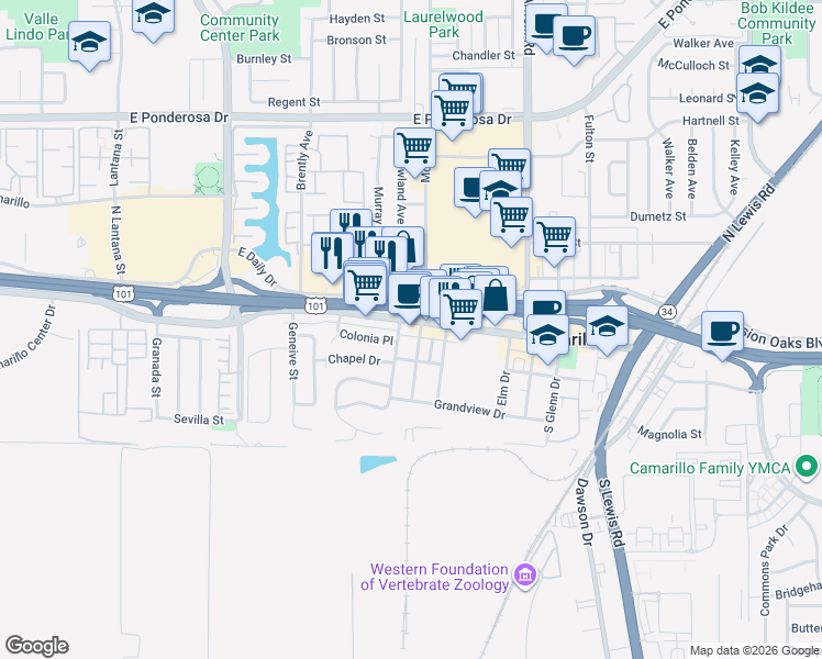 map of restaurants, bars, coffee shops, grocery stores, and more near 2024 Ventura Boulevard in Camarillo