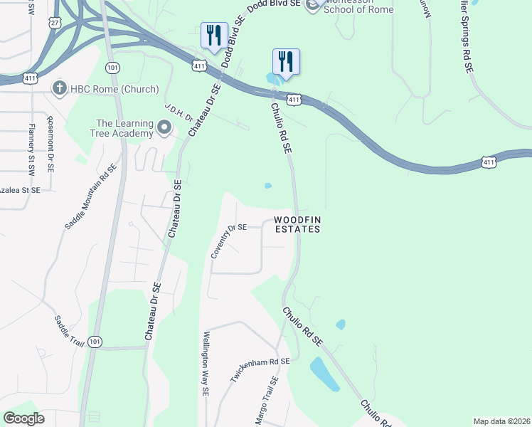 map of restaurants, bars, coffee shops, grocery stores, and more near 12 Cumberland Drive Southeast in Rome
