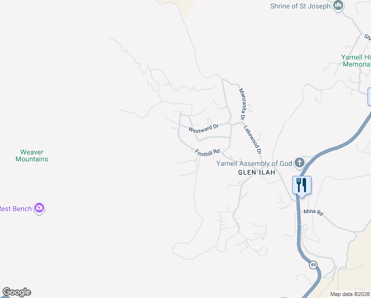 map of restaurants, bars, coffee shops, grocery stores, and more near 17653 Foothill Road in Yarnell