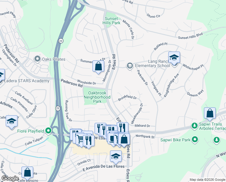 map of restaurants, bars, coffee shops, grocery stores, and more near 2810 Rikkard Drive in Thousand Oaks