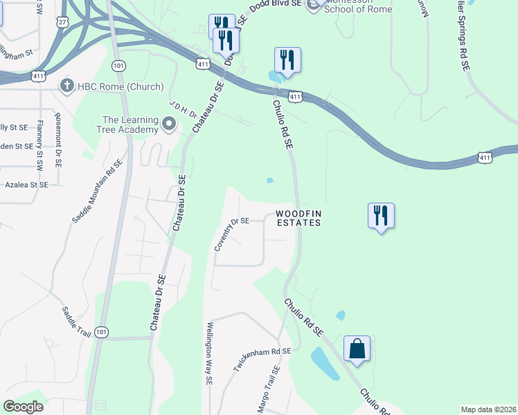 map of restaurants, bars, coffee shops, grocery stores, and more near 12 Cumberland Dr SE in Rome
