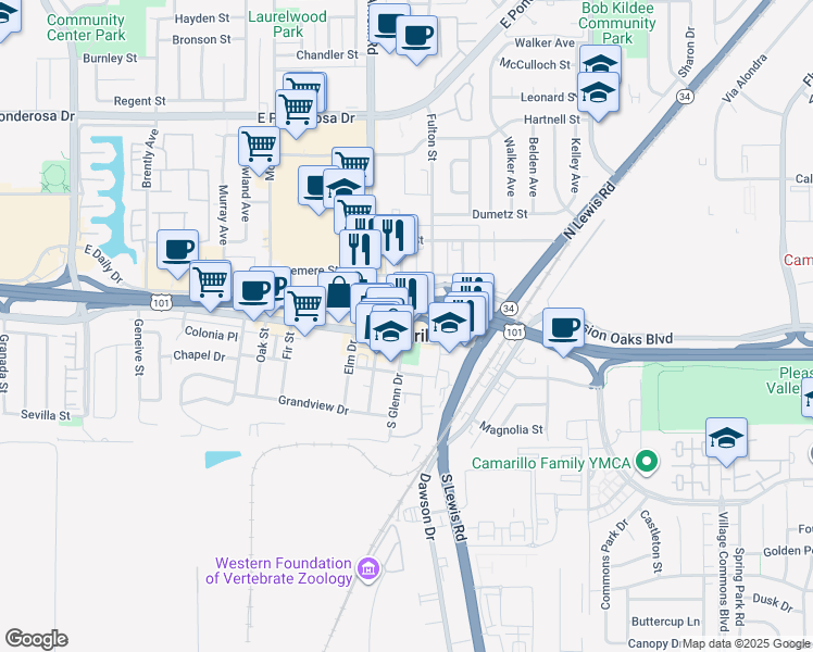 map of restaurants, bars, coffee shops, grocery stores, and more near in Camarillo