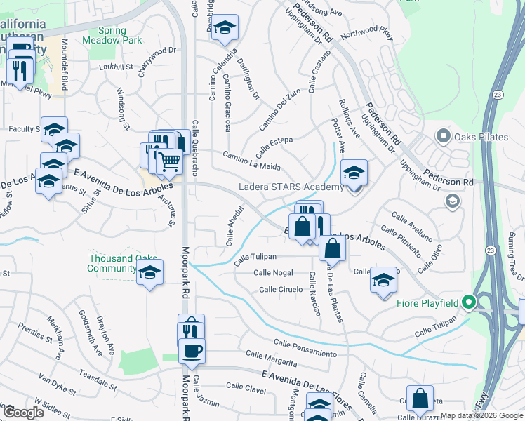 map of restaurants, bars, coffee shops, grocery stores, and more near 815 East Avenida De Los Arboles in Thousand Oaks