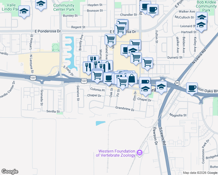 map of restaurants, bars, coffee shops, grocery stores, and more near 2050 Ventura Boulevard in Camarillo