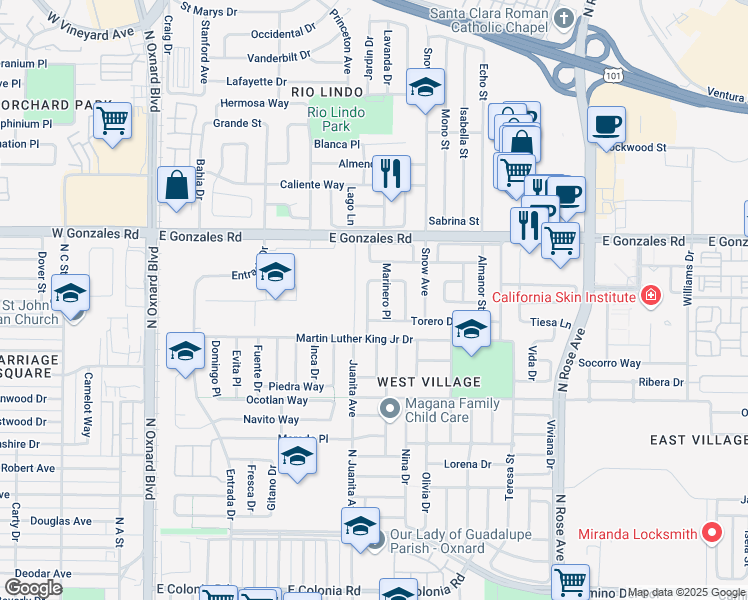 map of restaurants, bars, coffee shops, grocery stores, and more near 1540 Limonero Place in Oxnard