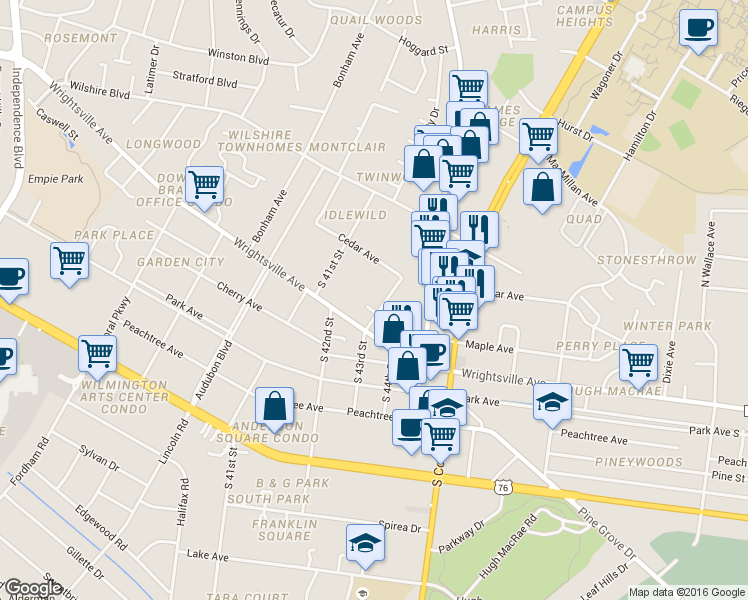 map of restaurants, bars, coffee shops, grocery stores, and more near 1021 South 43rd Street in Wilmington
