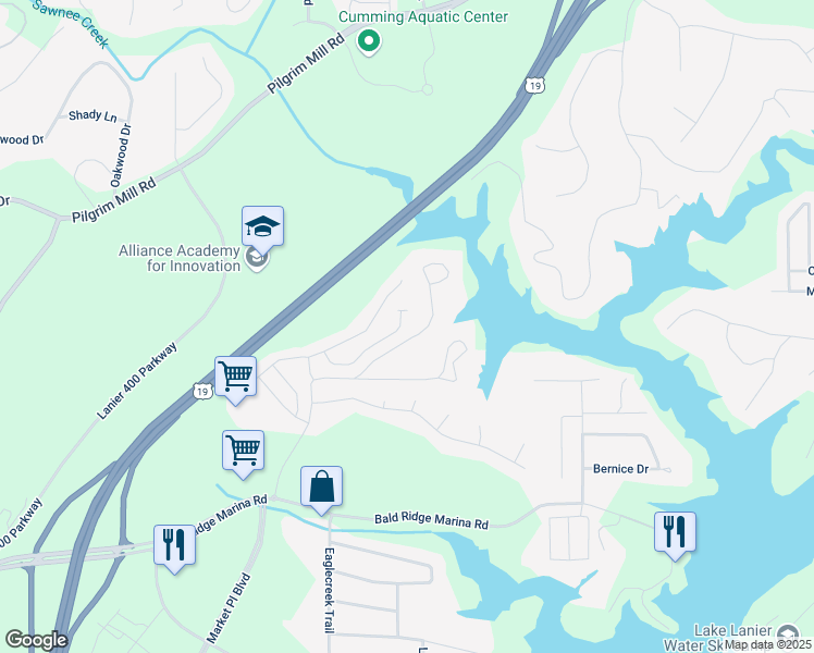 map of restaurants, bars, coffee shops, grocery stores, and more near 1386 Endicott Court in Cumming