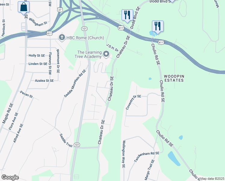 map of restaurants, bars, coffee shops, grocery stores, and more near 99 Chateau Drive Southeast in Rome