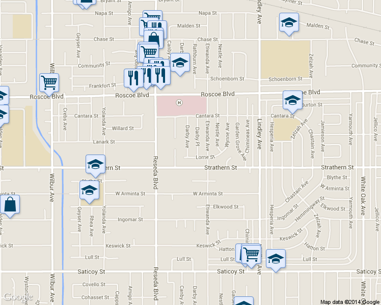 map of restaurants, bars, coffee shops, grocery stores, and more near 8032 Darby Avenue in Los Angeles