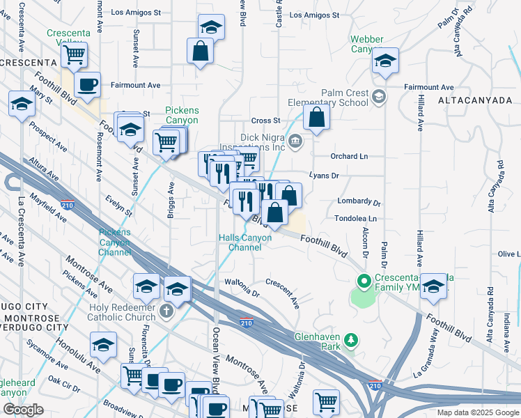 map of restaurants, bars, coffee shops, grocery stores, and more near 2207 Foothill Boulevard in La Cañada Flintridge