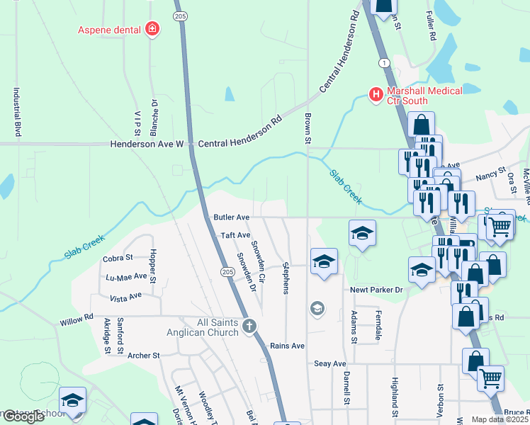 map of restaurants, bars, coffee shops, grocery stores, and more near 402 Butler Avenue in Boaz