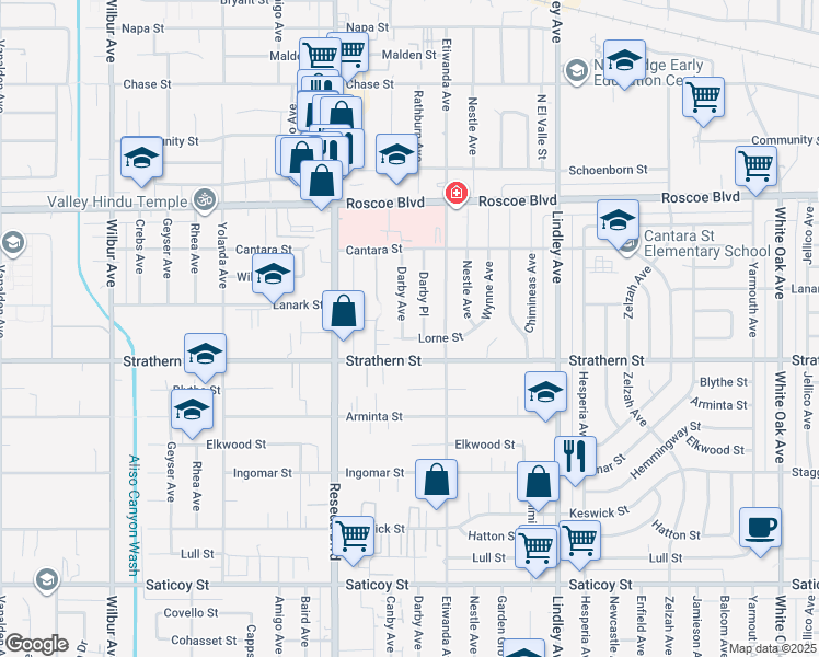 map of restaurants, bars, coffee shops, grocery stores, and more near 8032 Darby Avenue in Los Angeles