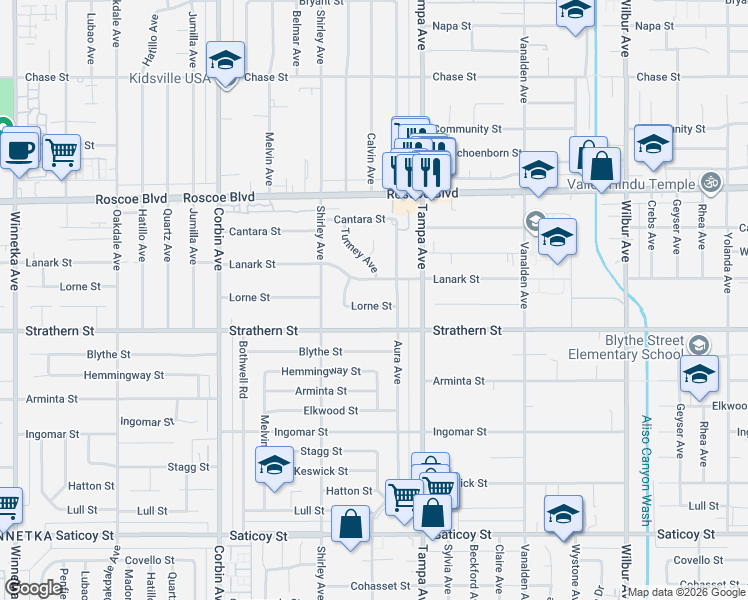 map of restaurants, bars, coffee shops, grocery stores, and more near 19403 Lorne Street in Los Angeles