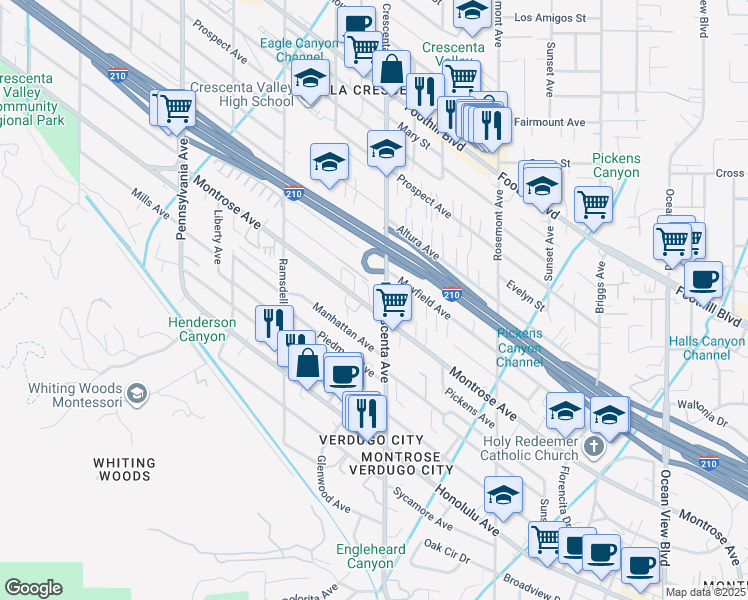 map of restaurants, bars, coffee shops, grocery stores, and more near 2809 Montrose Avenue in Glendale