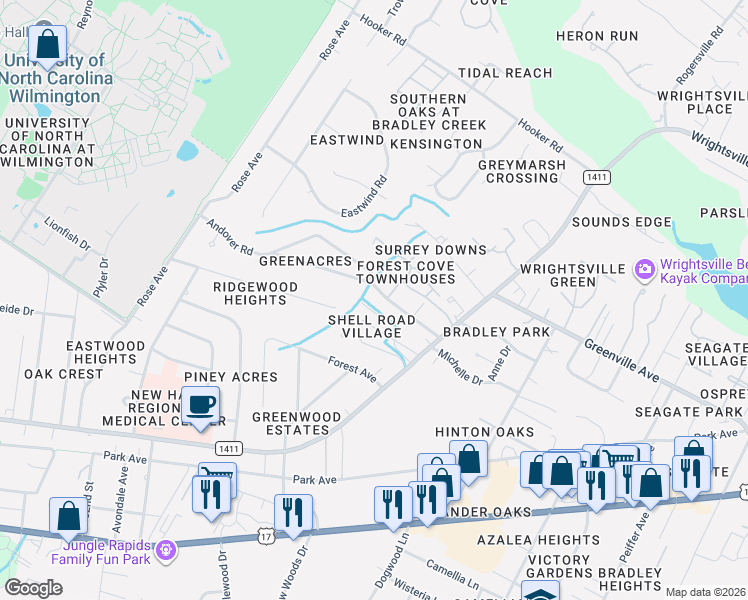 map of restaurants, bars, coffee shops, grocery stores, and more near 5506 Andover Rd in Wilmington