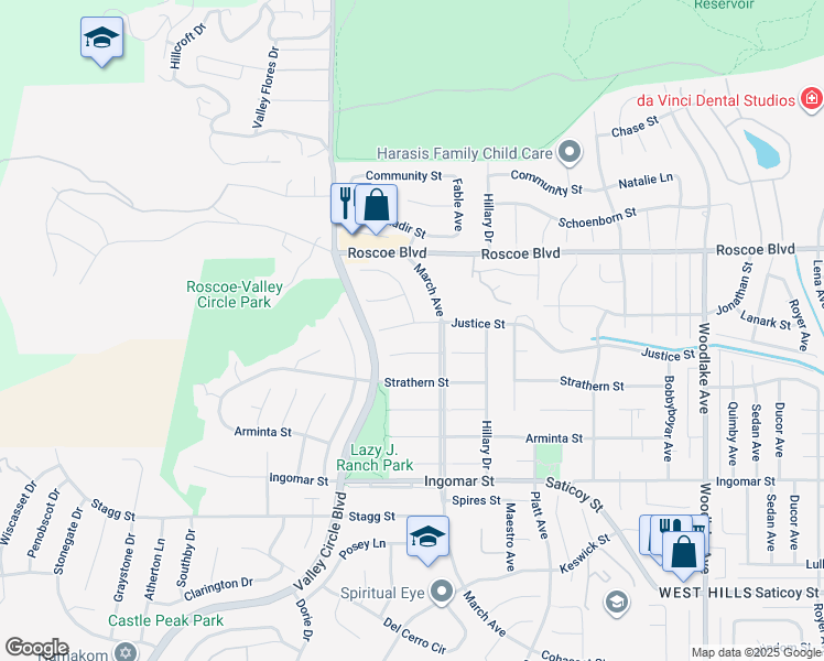 map of restaurants, bars, coffee shops, grocery stores, and more near 23684 Justice Street in Los Angeles