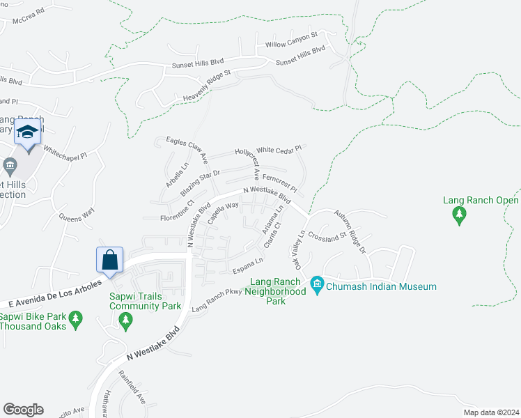 map of restaurants, bars, coffee shops, grocery stores, and more near 2904 Capella Way in Thousand Oaks