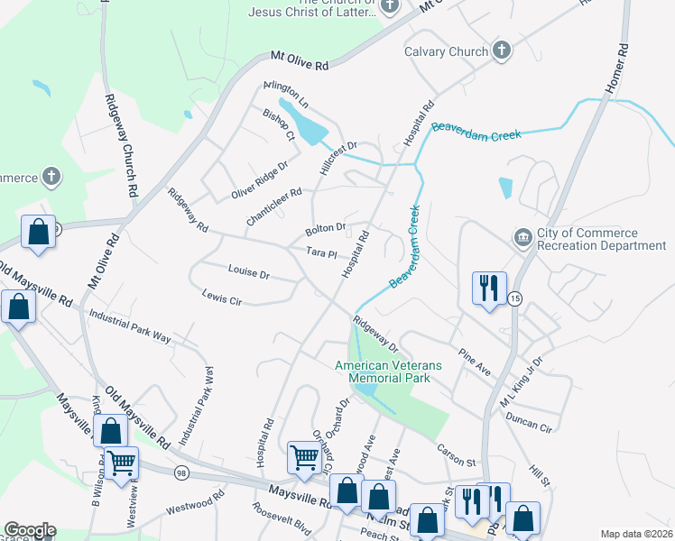 map of restaurants, bars, coffee shops, grocery stores, and more near 613 Hospital Road in Commerce