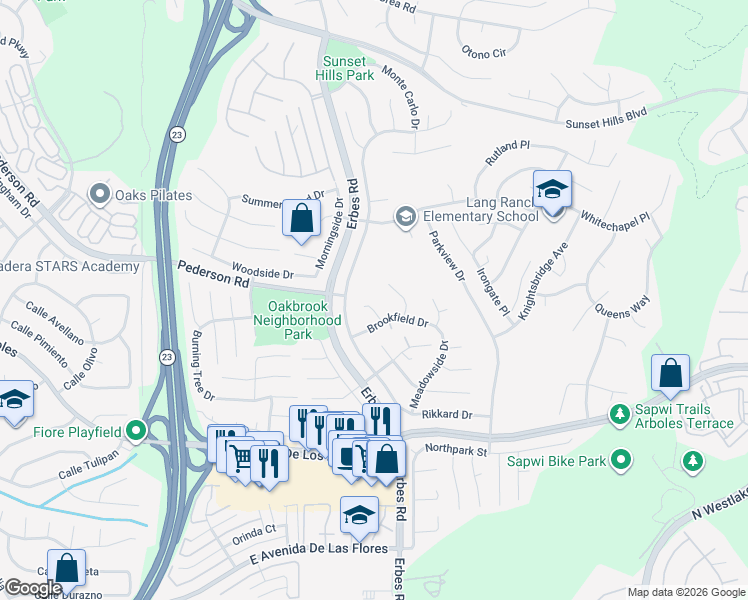 map of restaurants, bars, coffee shops, grocery stores, and more near 2766 Delpha Court in Thousand Oaks