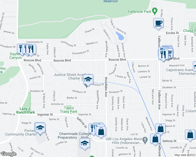 map of restaurants, bars, coffee shops, grocery stores, and more near 8051 Bobbyboyar Avenue in Los Angeles