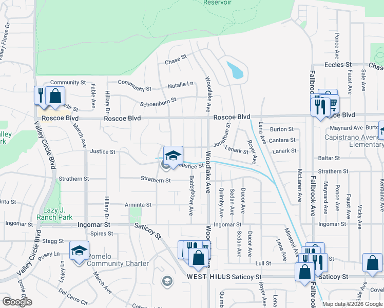 map of restaurants, bars, coffee shops, grocery stores, and more near 8051 Bobbyboyar Avenue in Los Angeles