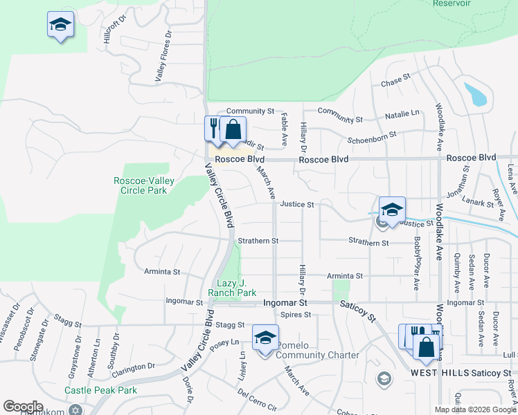 map of restaurants, bars, coffee shops, grocery stores, and more near 23676 Justice Street in Los Angeles