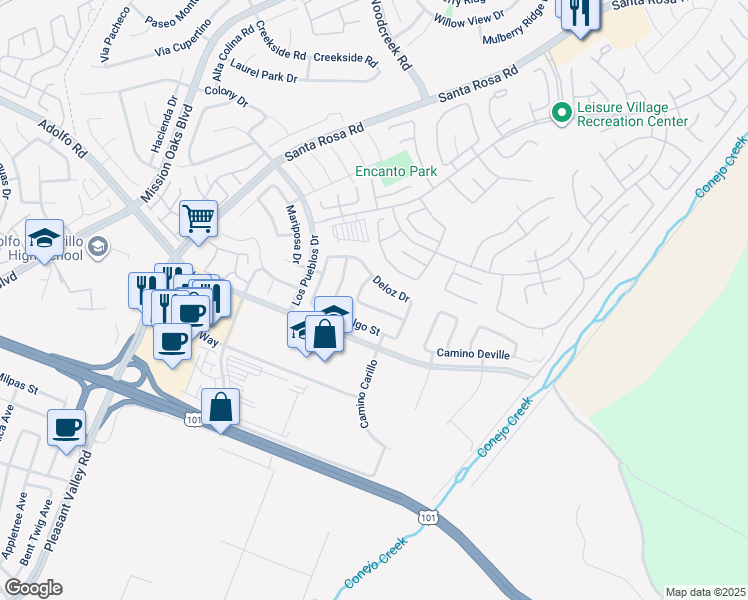 map of restaurants, bars, coffee shops, grocery stores, and more near 5327 Heather Street in Camarillo