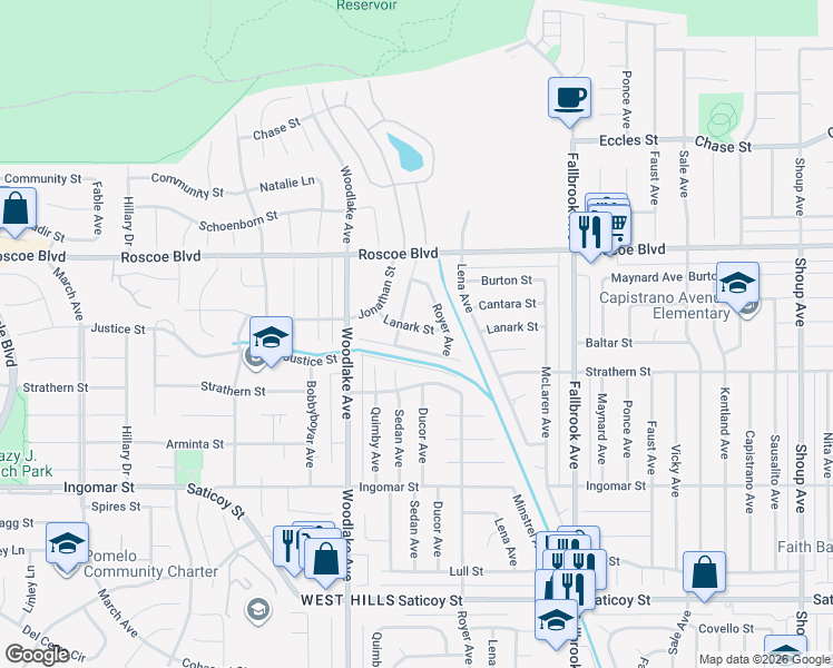 map of restaurants, bars, coffee shops, grocery stores, and more near 23039 Baltar Street in Los Angeles