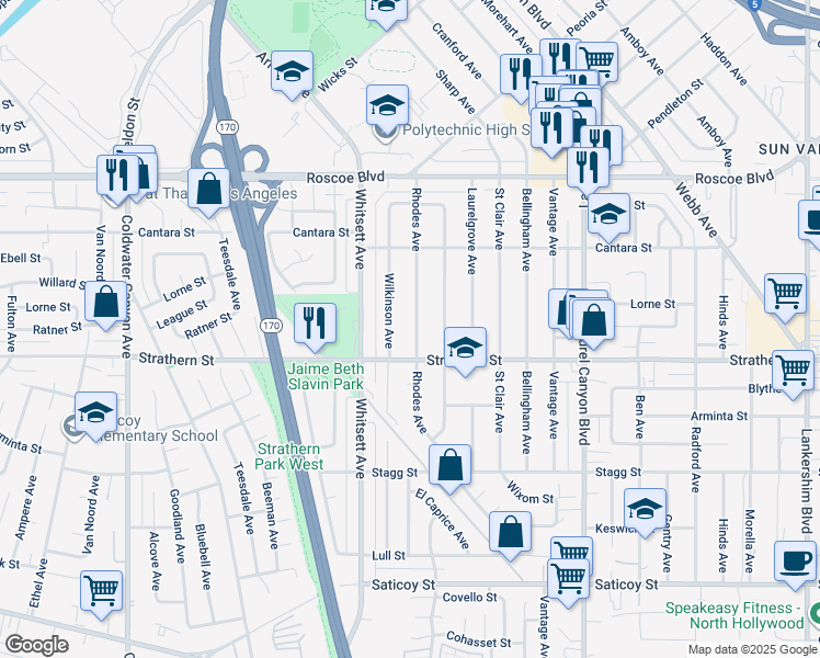 map of restaurants, bars, coffee shops, grocery stores, and more near 8031 Rhodes Avenue in Los Angeles
