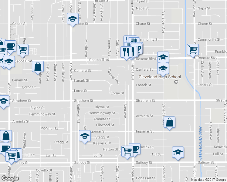 map of restaurants, bars, coffee shops, grocery stores, and more near 19419 Lorne Street in Los Angeles