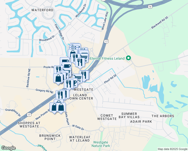 map of restaurants, bars, coffee shops, grocery stores, and more near 404 Hawthorne Loop Road in Leland