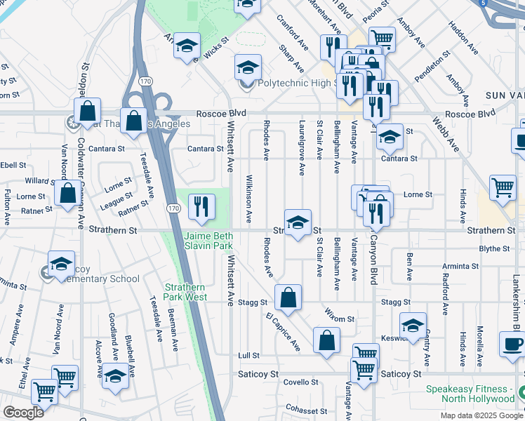 map of restaurants, bars, coffee shops, grocery stores, and more near 8031 Rhodes Avenue in Los Angeles