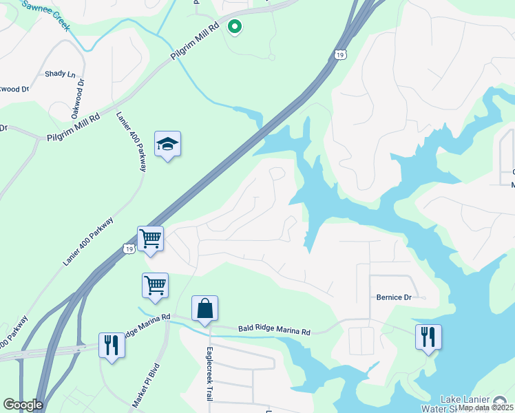 map of restaurants, bars, coffee shops, grocery stores, and more near 1386 Endicott Court in Cumming