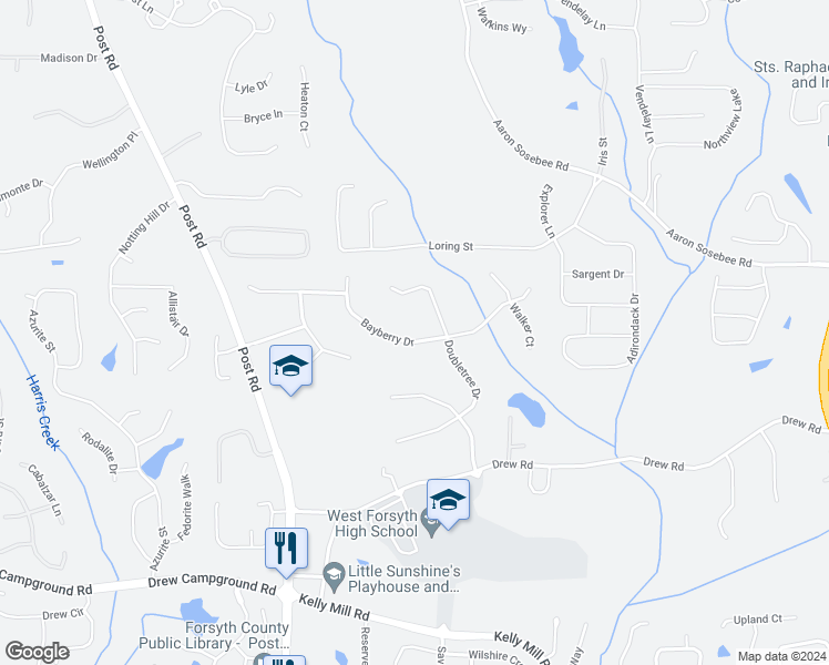 map of restaurants, bars, coffee shops, grocery stores, and more near 4915 Bayberry Drive in Cumming